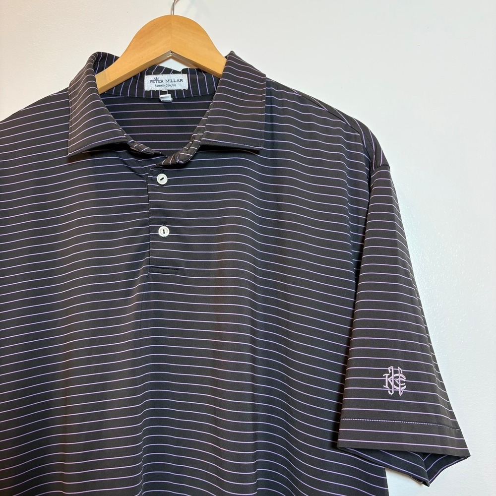 Peter Millar Summer Comfort Mens XL Polo Shirt Black Purple Stripe Golf Casual
